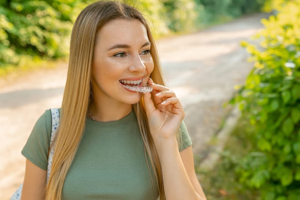 A smiling young woman with long blonde hair holds a clear dental aligner near her teeth while standing outdoors on a sunny day - dentist Cupertino